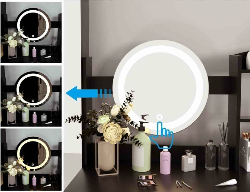 Xvuro Waschtisch mit Spiegel und Licht, Schrank mit vier Regalen, sechs große Schubladen, 3 Beleuchtungs modi