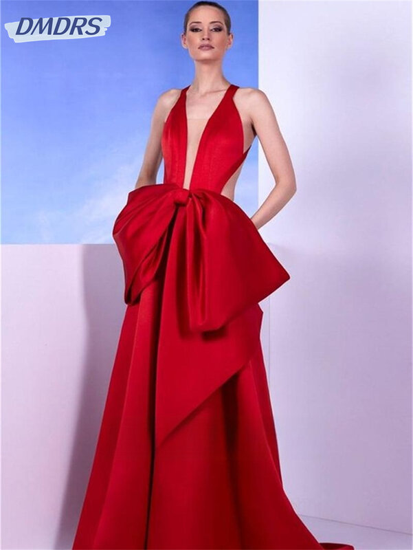 Red Satin A Line Evening Party Dresses Deep V Neck Criss Cross Bow Prom Gowns Spaghetti Straps Backless Formal Dress