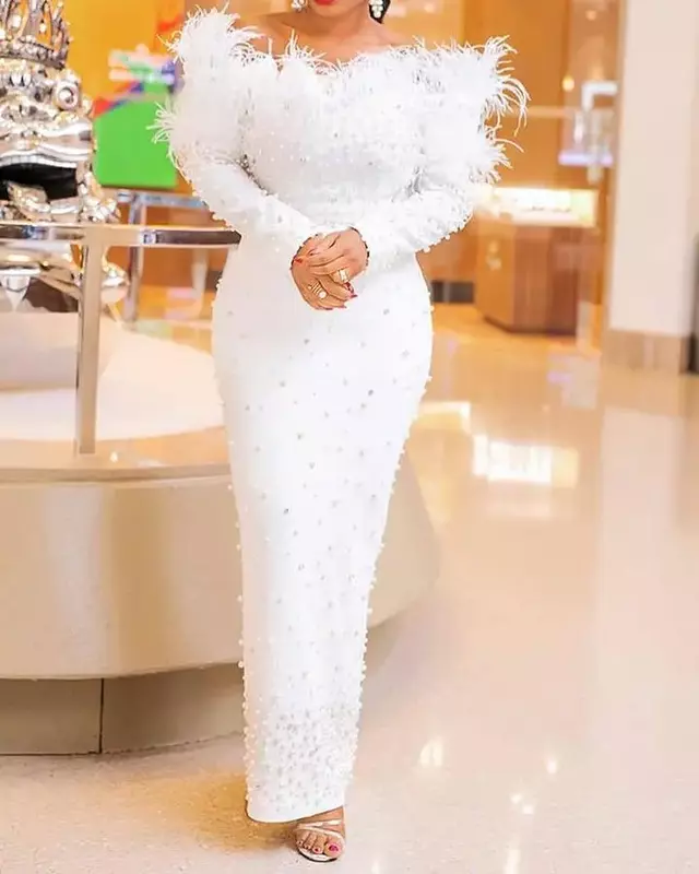Gaun Afrika untuk Wanita 2021 Musim Semi dan Musim Gugur Wanita Afrika Lengan Panjang Putih Ukuran Besar Gaun Panjang Pakaian Afrika