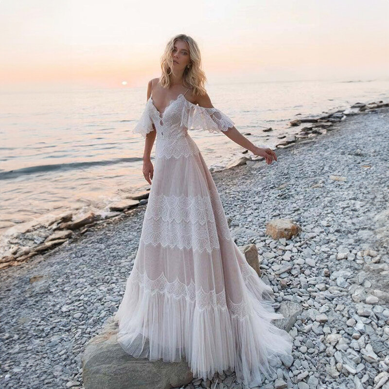 Boho Spaghetti Straps Lace Beach Wedding Dress for Women Strapless A-line Court Tulle Wedding Gown robe de mariée