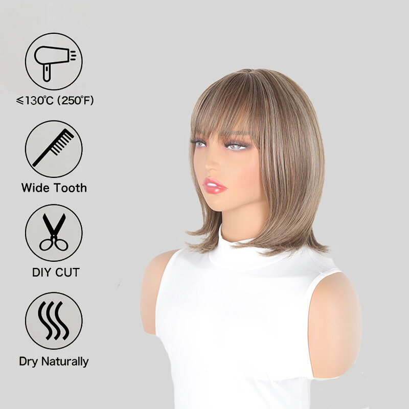 SNQP-peluca corta con flequillo para mujer, pelo liso de aspecto Natural, 30cm, resistente al calor, para fiesta de Cosplay diaria
