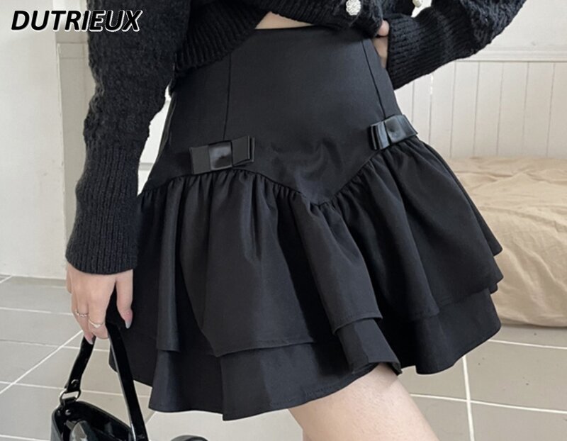 Милая пышная короткая юбка большого размера во французском стиле для девушек, женские черные трапециевидные плиссированные мини-юбки для осени и зимы