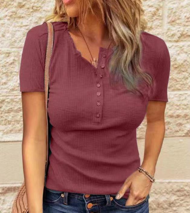 Women's Solid Color Short-sleeved Ribbed Knitted Slim T-shirt Top Summer Fashion Casual Commuter All-match Bottoming Shirt