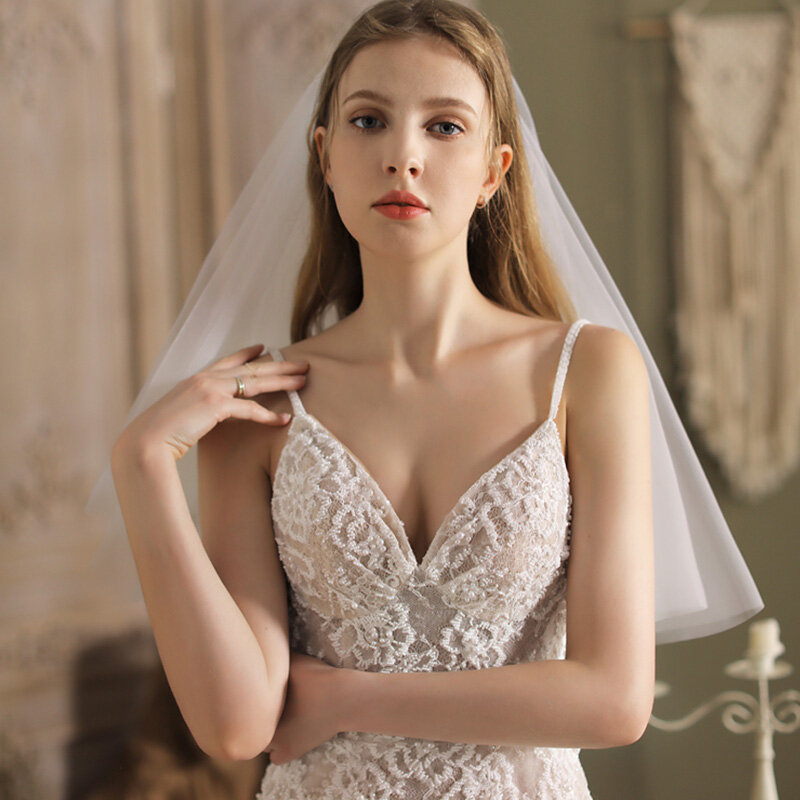 Véus de casamento curtos elegantes, véu de noiva com duas camadas de 75cm, 2t, com composto de metal, branco para festa, recém-chegado, 2021