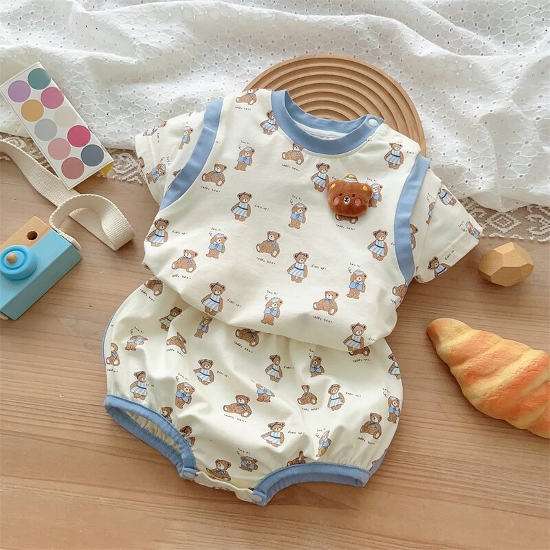 Korean Summer Infant Baby Boys 2PCS Clothes Set Muslin Cartoon Bear Printed T-shirts Pp Shorts Suit Toddler Boys Outfits