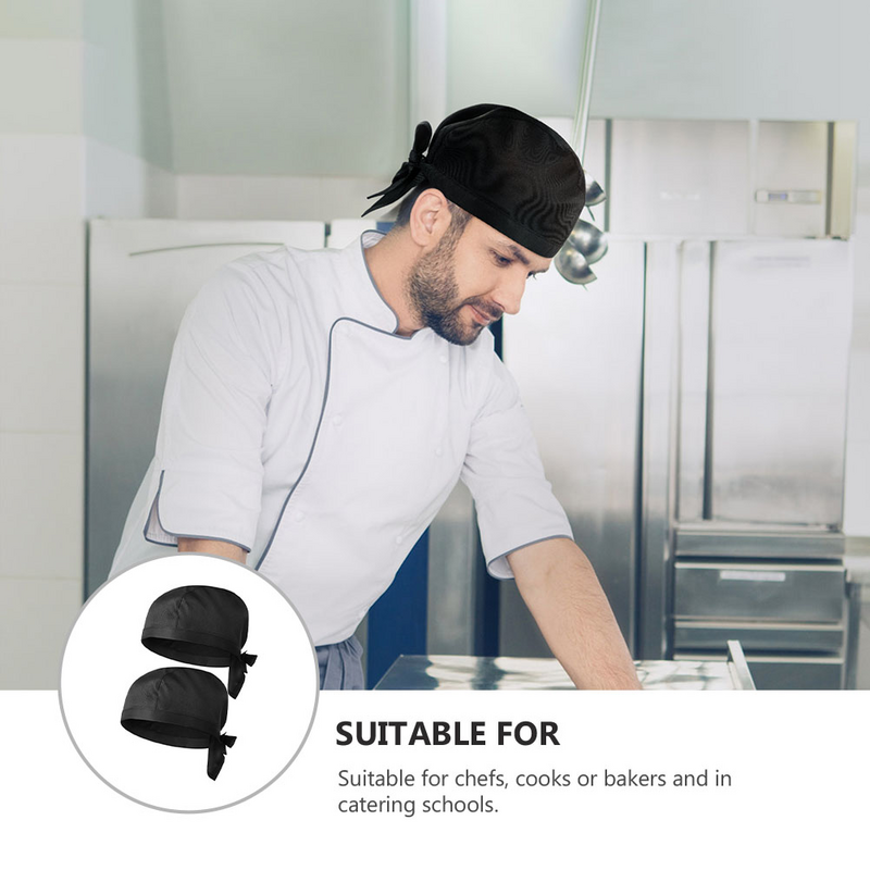 キッチン、シェフの帽子用の伸縮性のあるバックキャップ、ネクタイ付きバンダナ、ケータリング用ラップ、ブラックキャップ、2個