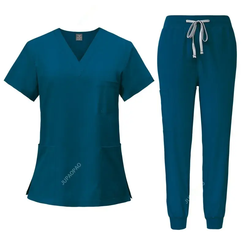 Set Scrub baru seragam medis atasan Scrub elastis dengan saku seragam Suster dokter operasi overall Salon kecantikan pakaian kerja