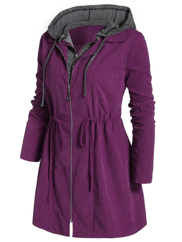 Женское однотонное пальто средней длины, с длинным рукавом и капюшоном