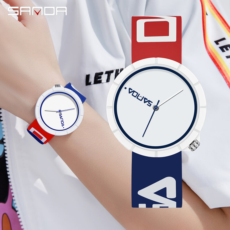 Модные брендовые наручные часы Sanda для девочек, ультратонкие повседневные кварцевые часы с красным, синим силиконовым ремешком, студенческие часы Montres Femme
