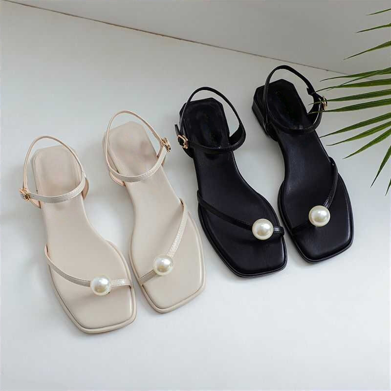 Sandalias y zapatillas de tacón bajo con punta cuadrada angular para mujer, zapatos cómodos de Punta abierta con perlas, novedad de 2024