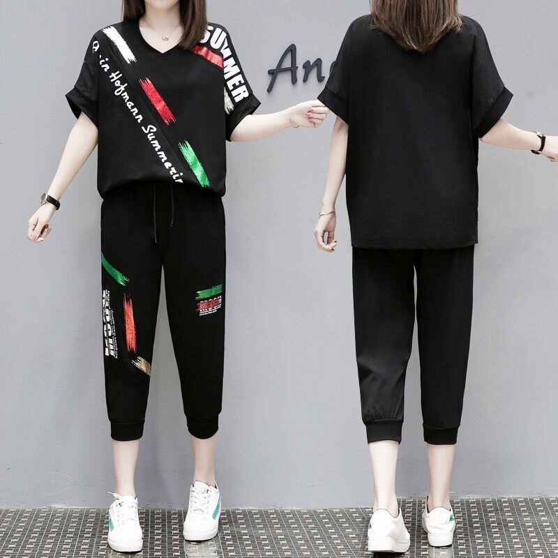 Damen Sommer neue koreanische Version Trainings anzug Mode Kurzarm Tops und waden lange Hose 2 zweiteilige Sets für Frauen