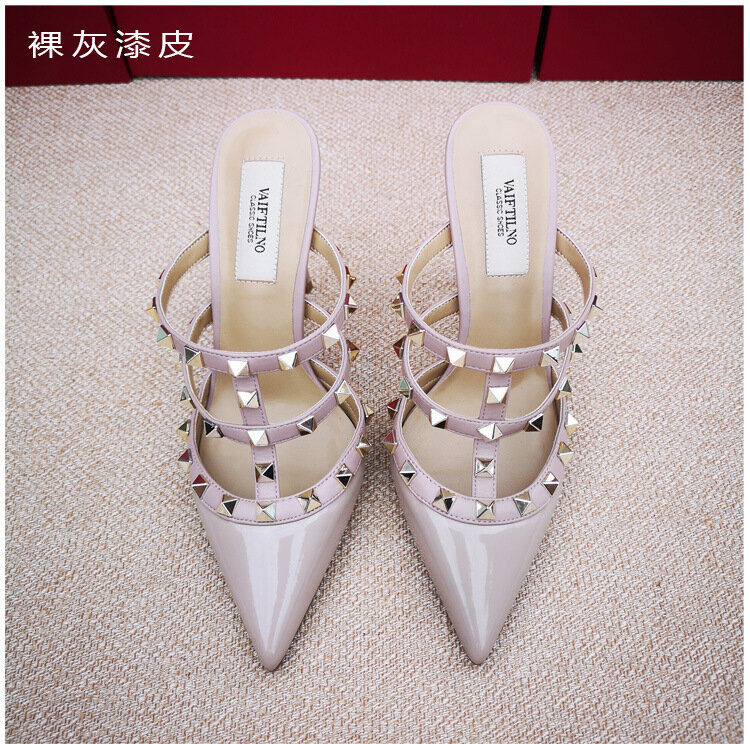 2024 New AAA Riveted Shoes Pointed High Heels Genuine Leather Large Size Slim Rivet Closed-toe Slippers for Women's Outwear