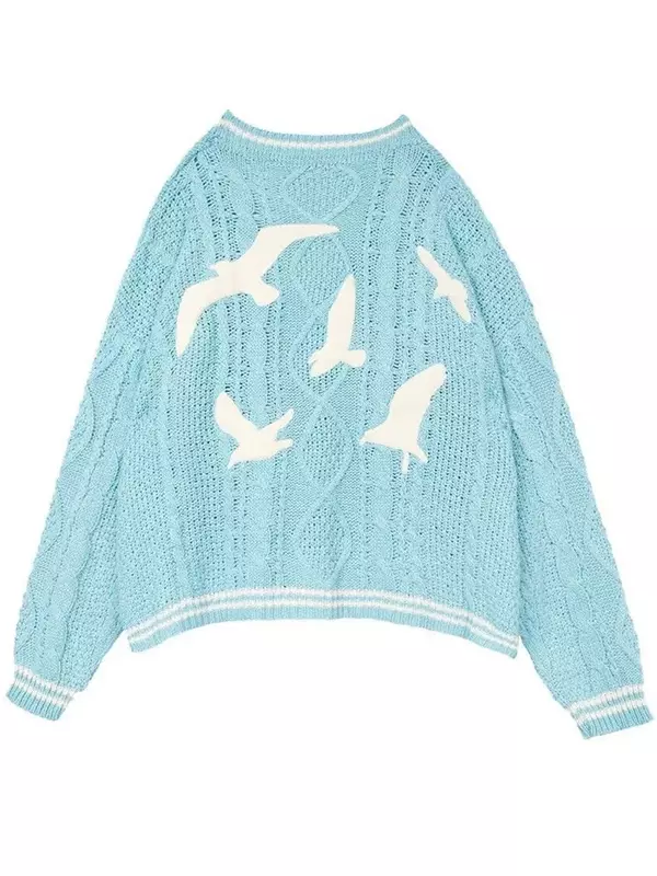 Deeptown Tay Blue Knitted Cardigan Women Autumn Winter Bird Embroidery Oversized Sweater Vintage Casual Swift Jumper Y2K Tops