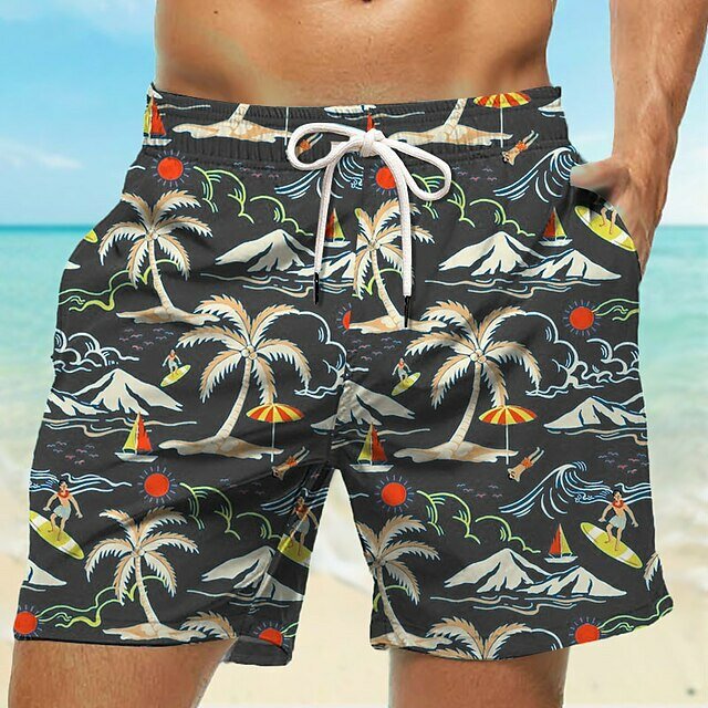 Мужские пляжные шорты для плавания, быстросохнущие Короткие штаны с 3D принтом кокосового дерева, Гавайская Повседневная одежда для отдыха, 4 эластичных