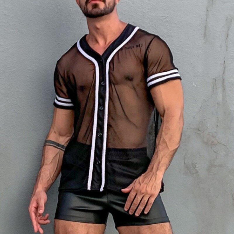 Европейская и американская мужская сексуальная рубашка, свободный сетчатый Забавный прозрачный топ, повседневная одежда для ночного клуба, летние мужские рубашки в новом стиле