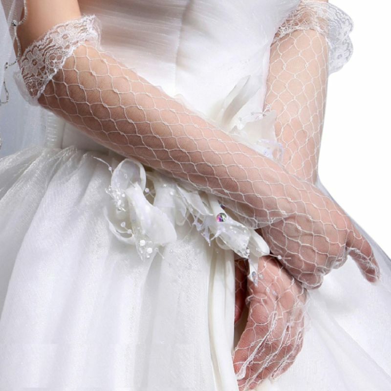 652F ผู้หญิงยาวลูกไม้ถุงมือกันแดดเต็มนิ้วเจ้าสาวงานแต่งงานข้อศอกลายสก๊อต Mittens