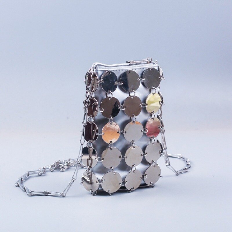 Luxus Design Kreis Metall Silber glänzende Umhängetasche kleine Tasche für Frauen hand gewebte weibliche Handy Abend tasche Bolsa Feminina