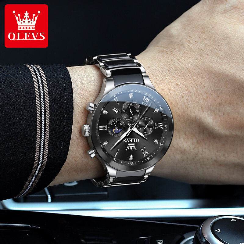 OLEVS-Relógio de quartzo masculino, cronógrafo fase da lua, bracelete de cerâmica, impermeável, luminoso, moda luxuosa, novo