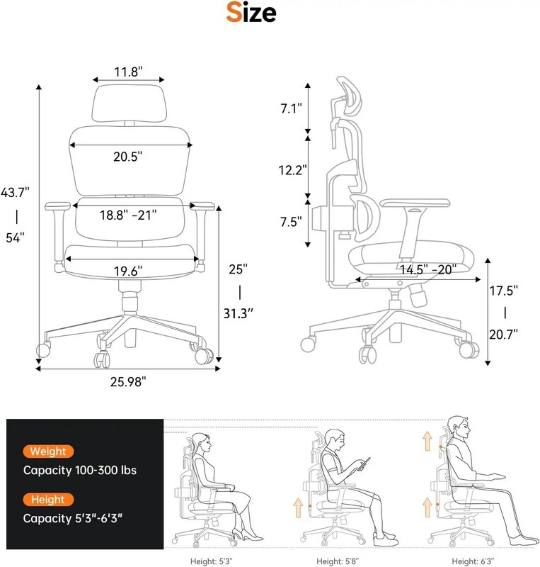 Cadeira de mesa ergonômica com suporte lombar totalmente adaptável, braço ajustável 4D, cadeira de casa e escritório, dor nas costas