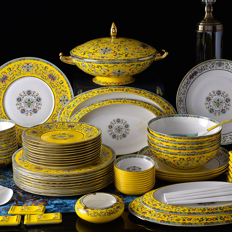 Ensemble de vaisselle en céramique émaillée, 86 pièces, bols et plats ménagers chinois, peinture manuelle, émail doré