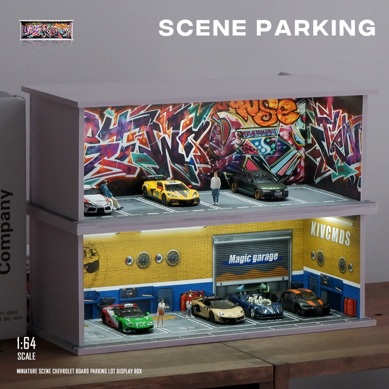 Garagem Modelo Cena com Versão Light, Simulação Decoração Cena, Colecione Bonecas e Modelos de Carros, 1: 64