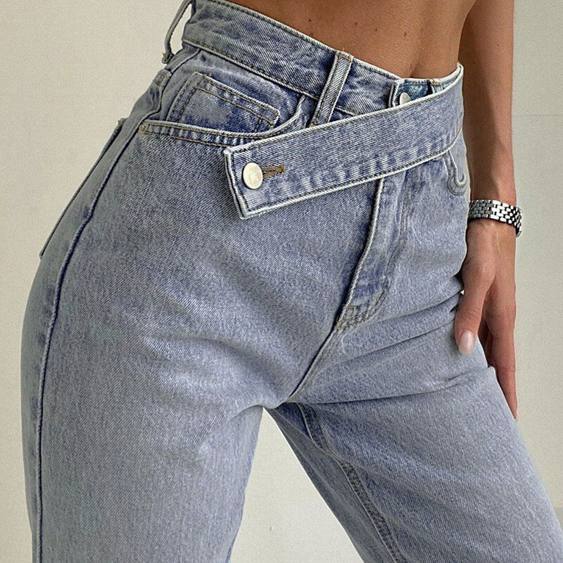 Женские прямые брюки с асимметричным поясом, джинсы с высокой талией на весну и осень, модные повседневные свободные брюки-бойфренды из денима в стиле Харадзюку