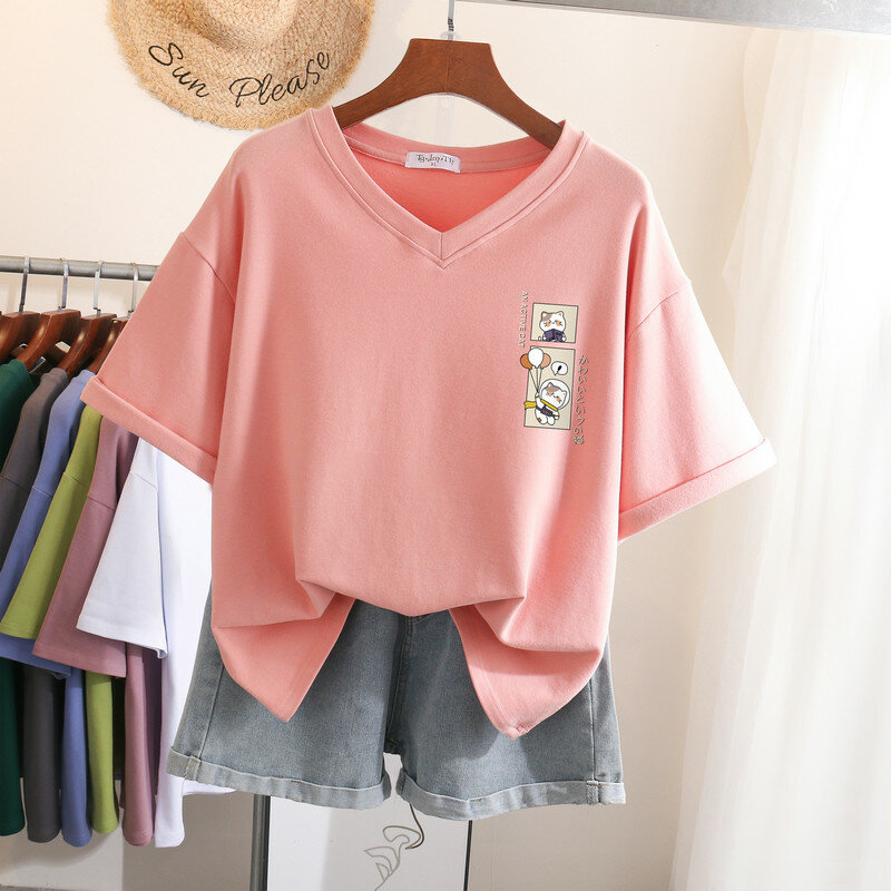 Ebaihui 100% Katoen L-6XL T-shirt Plus Size T-shirt Korte Mouw Vrouwen Top Zomer Japan Cartoon Print V-hals Oversized T Shirts