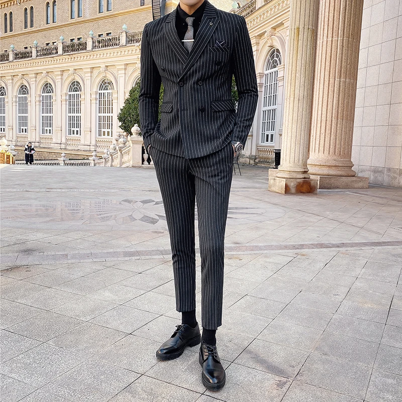 Fashion Striped Suits for Men Slim Fit Chic Peak Lapel Double Breasted Pinstripe Male Suit Casual Graduation Wedding Tuxedo