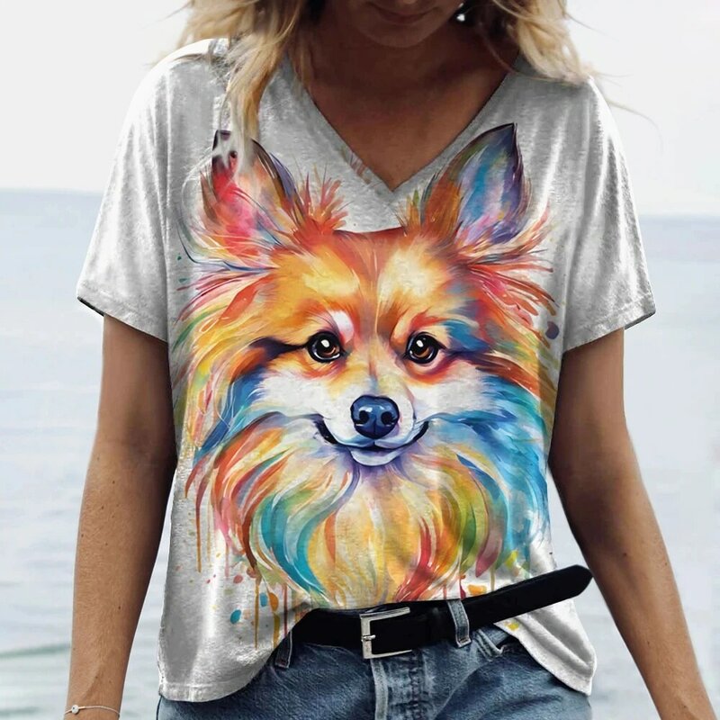 T-Shirt à Manches Courtes et Col en V pour Femme, Vêtement Décontracté, avec Imprimé de Chat, Graphique Animal, Streetwear, Été
