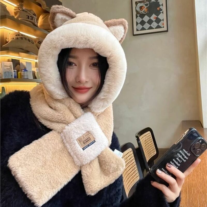 New Fashion Plush Cap Scarf Set Soft Ear Protection Windproof Beanie Hat Scarf Thickening Hooded Scarf Integrated Cap Scarf