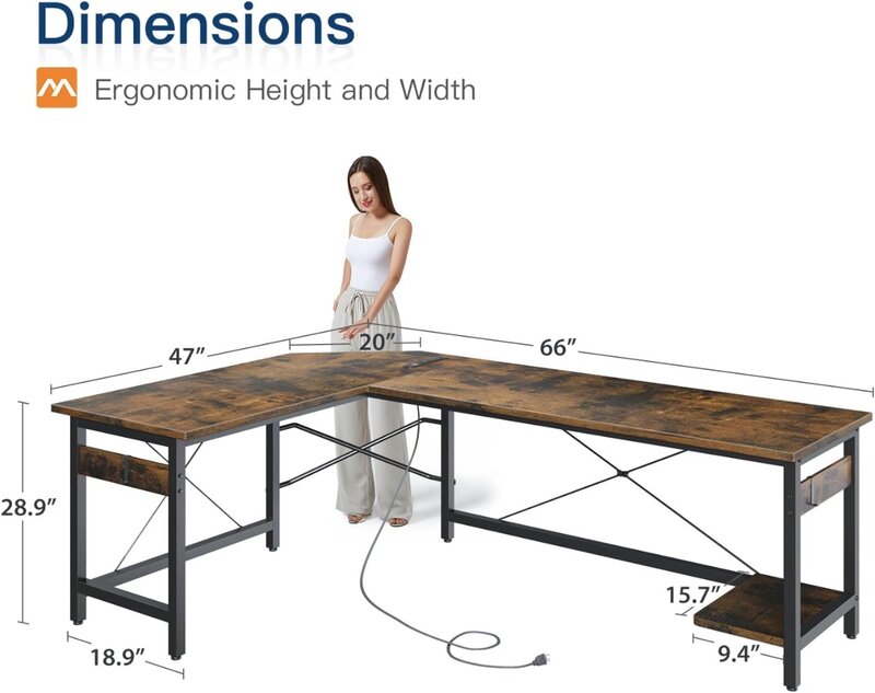 Coleshome 66 "โต๊ะเล่นเกมรูปตัว L กับเต้าเสียบ, โต๊ะรูปตัว L พร้อม CPU, โต๊ะคอมพิวเตอร์มุม, โต๊ะสำนักงานบ้าน