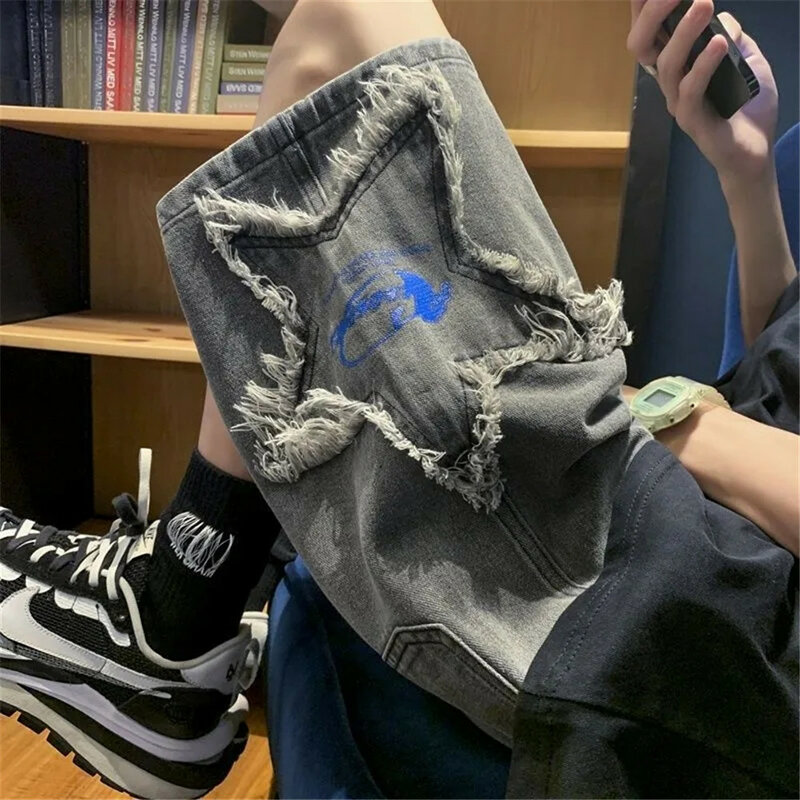 Pentagrama bordado y2k cintura alta casual jean shorts feminino gótico solto hip hop harajuku streetwear estilo coreano denim shorts