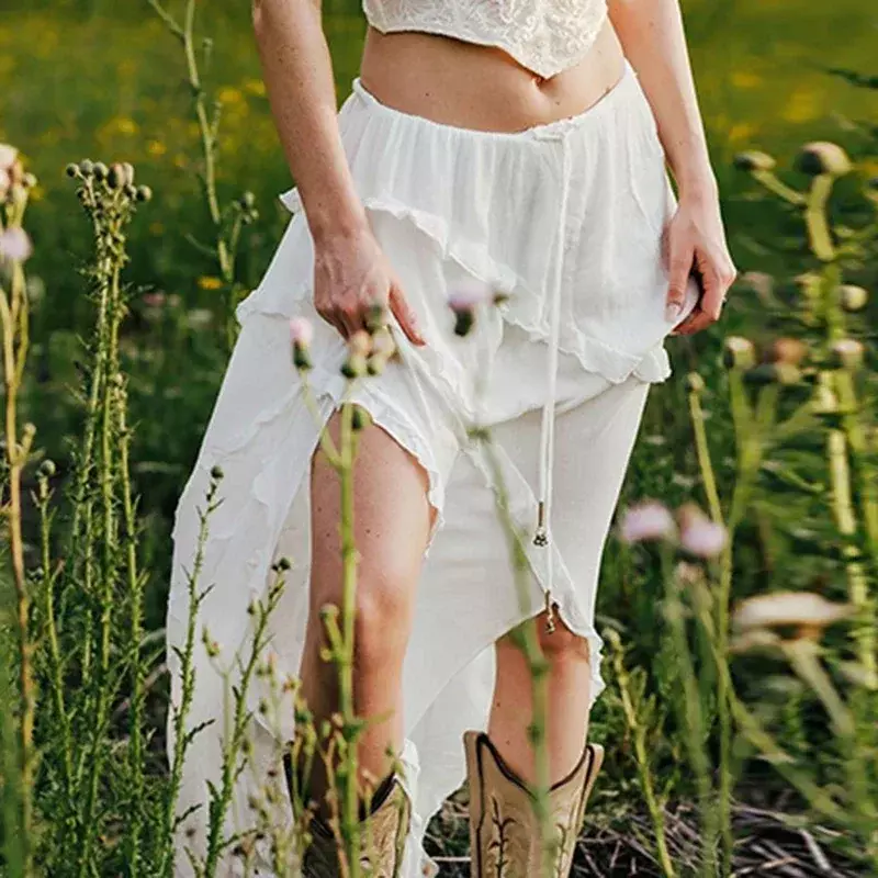 Faldas Midi con ribete blanco para mujer, faldas largas de cintura baja con lazo, Fairycore, francesas, para vacaciones y playa