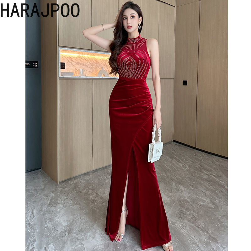 Harajpoo-vestido longo de veludo vermelho feminino, vestido cauda de peixe, borla sexy, elegante, banquete, noite, coquetel, noiva, noivado, high-end