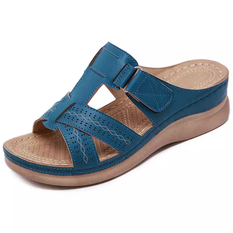 รองเท้าแตะส้นหนาผู้หญิงแบบลำลองรองเท้าแตะเปิดปลายเท้าแนววินเทจ, รองเท้าลำลองพื้นหนังกันลื่นสำหรับฤดูร้อน2024
