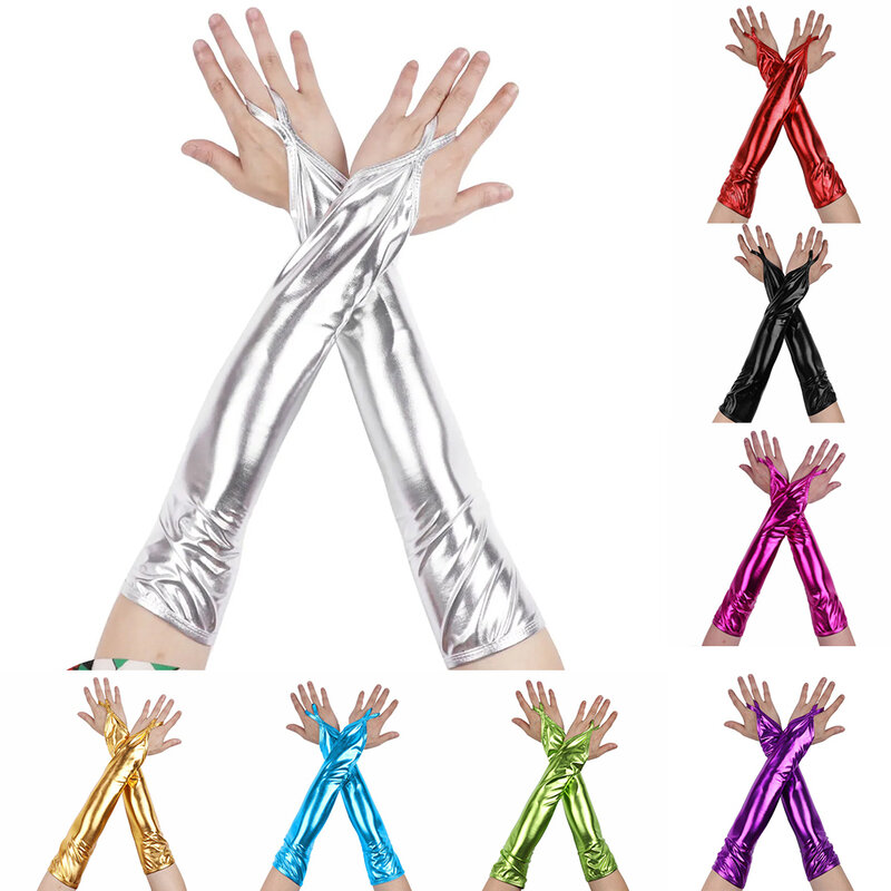 Women Fashion Shinny Leather Long Gloves Big Sleeve Lantern Sleeve Emulation Female Bright Bright Solid Color Performance Gloves