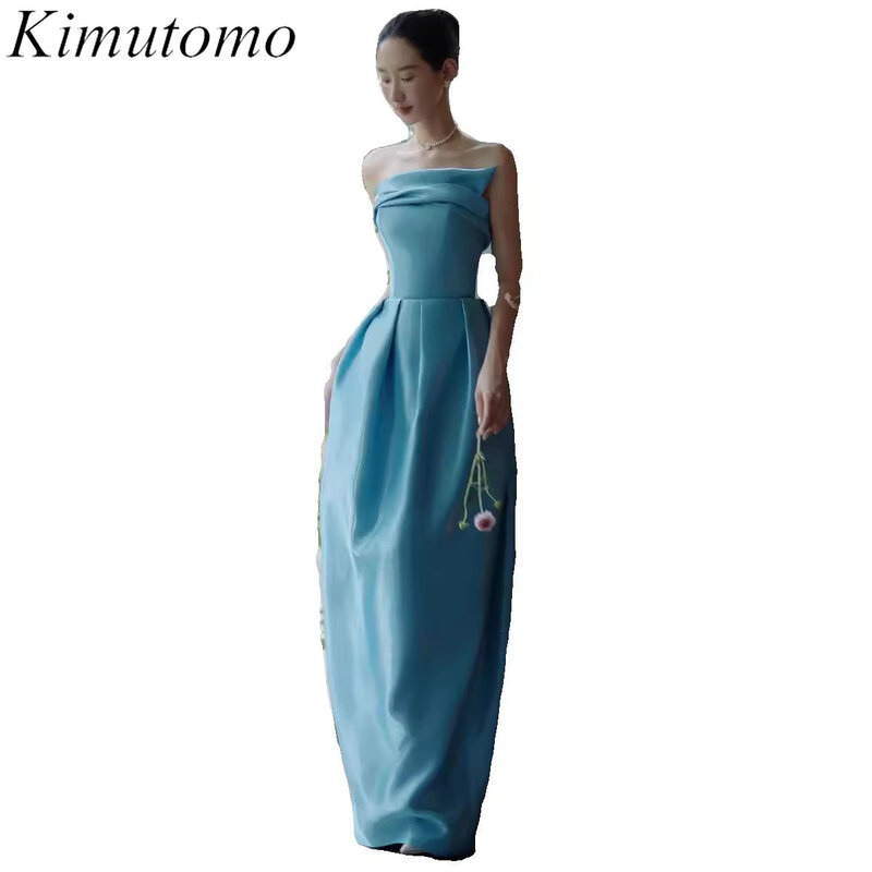 Kimutomo abito da sera in raso senza spalline 2022 elegante per abiti da sposa in stile celebrità blu lago Design semplice abiti da donna