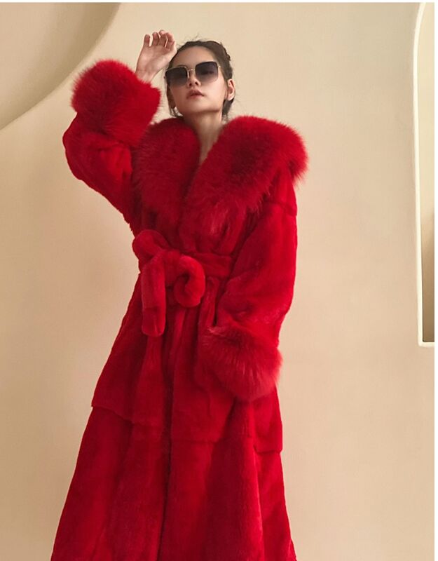 العلامة التجارية جودة جديد الشتاء النساء ريال ريكس الأرنب معطف الفرو مع كبير الثعلب الفراء طوق كم الكفة الراقية الفراء الطبيعي X-طويلة سترة