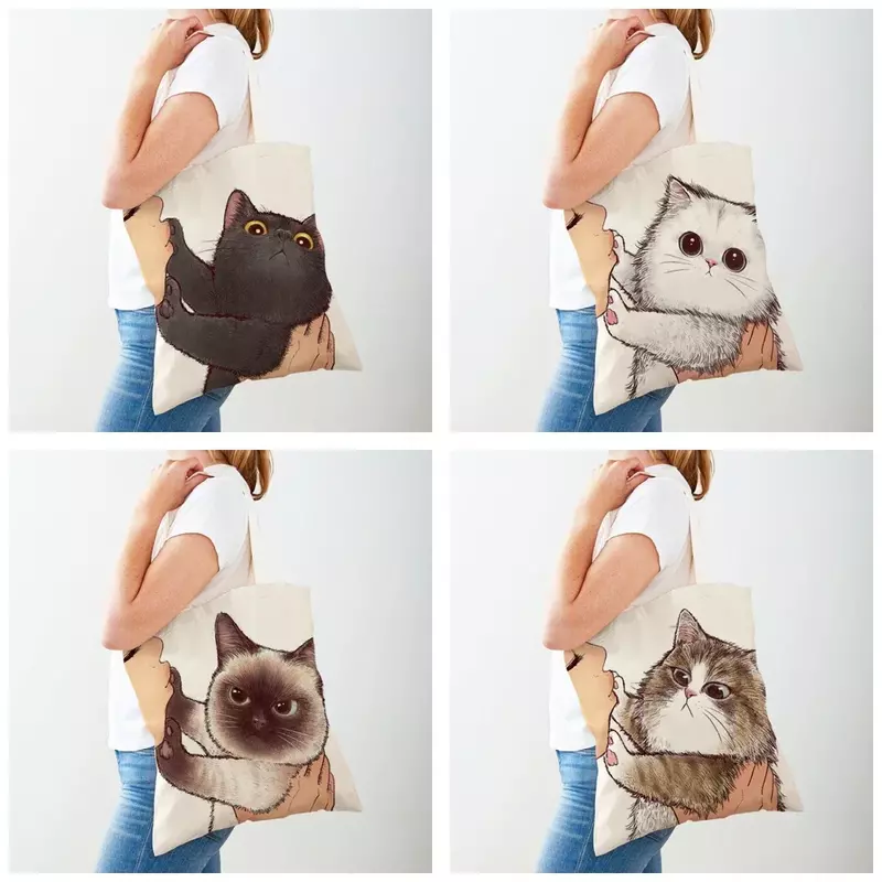 BBA171 Both Sided Shopper Bag Funny Cartoon Cat Casual Women Shopping Bag Reusable Cute Pet Animal Canvas Lady