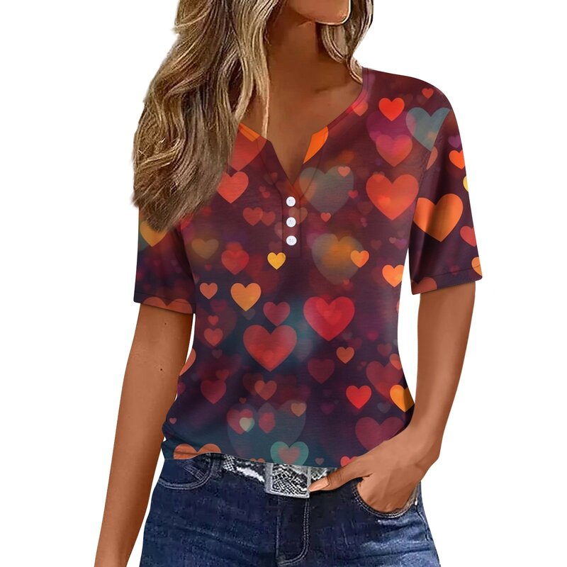 Женская Классическая футболка на пуговицах, Повседневная Базовая футболка с коротким рукавом и V-образным вырезом, с принтом на День святого Валентина