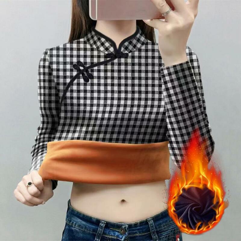 Langarm-Fleece-T-Shirt im chinesischen Stil neue Frauen Herbst Winter Cheong sam Kragen dicke Basis Hemd weibliche All-Match-Bluse