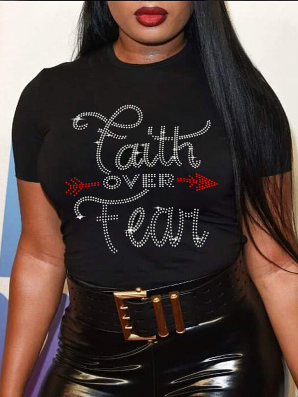 LW-T-shirt manches courtes col 03/O pour femme, estival et décontracté, avec lettres de la foi en biscuits, grande taille