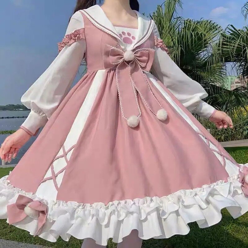 Vestido Lolita de garra de gato de gran tamaño, vestido Kawaii de princesa de manga corta, talla grande