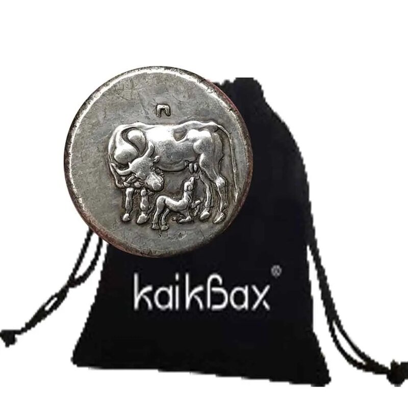Moneda de bolsillo conmemorativa de la buena suerte con bolsa de regalo, moneda de lujo con diseño 3D divertido de búfalo griego, madre e hijo, novedad artística