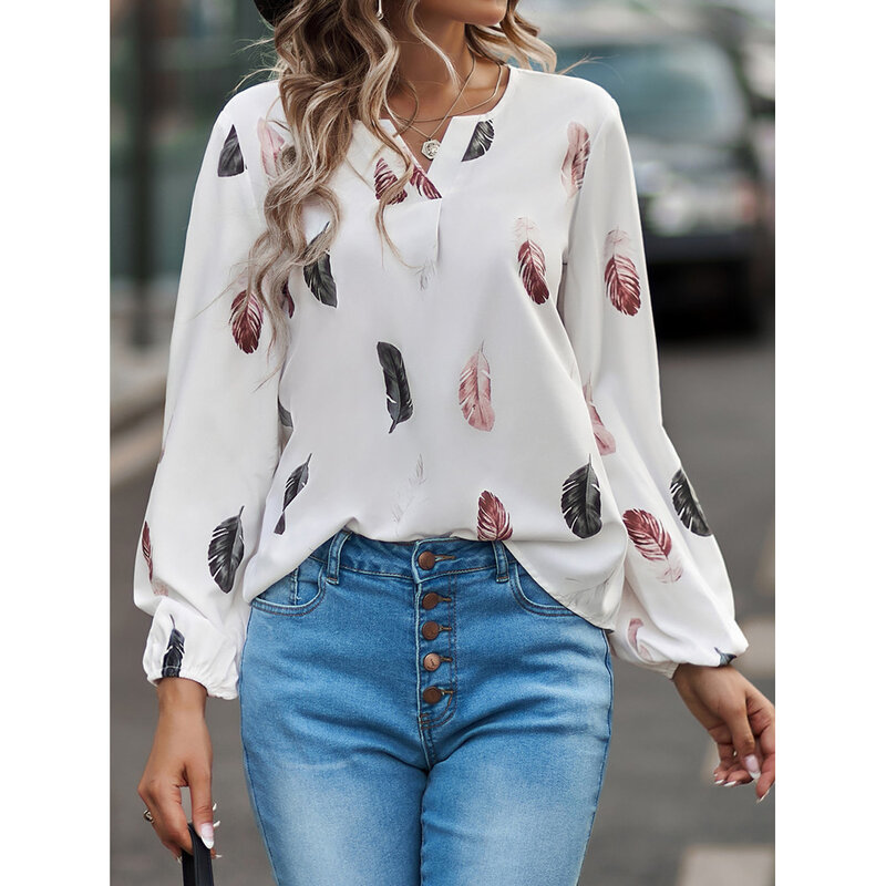 Szyfonowa bluzka damska bluzki z długim rękawem koszule z dekoltem w kształcie litery v luźny nadruk eleganckie ubrania lato 2023 moda damska tunika oversize