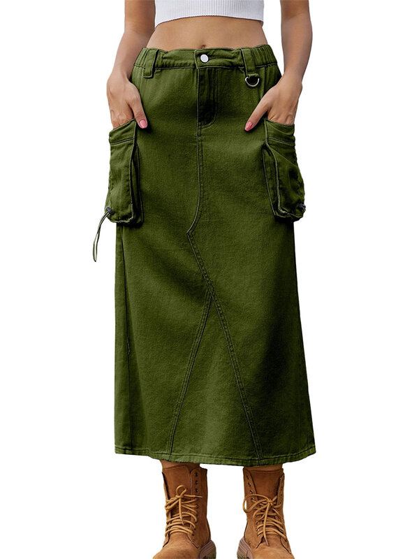 Women Y2K Midi Cargo Skirt High Waist Drawstring Skirt Vintage Jean Skirts Cargo Denim Skirt with Pockets Streetwear