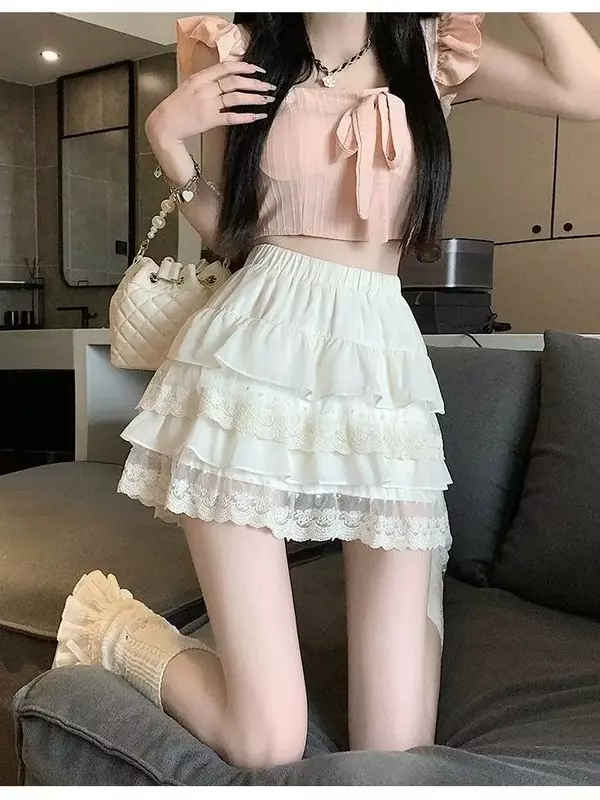 Mini saia plissada de renda branca feminina, roupas de festa para bolo, estilo kawaii e japonês, estilo praia verão, 2024