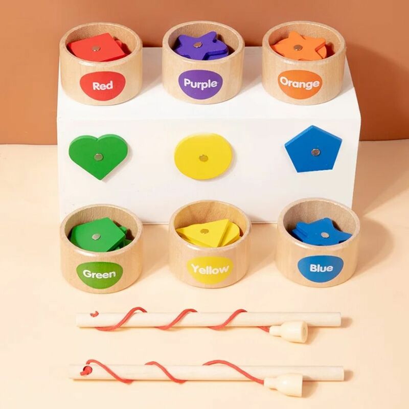 Children's Wooden Magnetic Color Shape Classification Cup Geometric Cognition Fishing Game Early Education Educational Toys