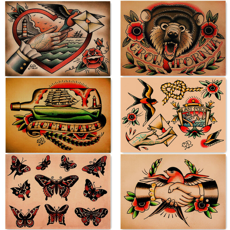 Obra de arte de papel Kraft Vintage para amantes del tatuaje, carteles e impresiones de 6 piezas, pintura de Arte de pared, regalo perfecto