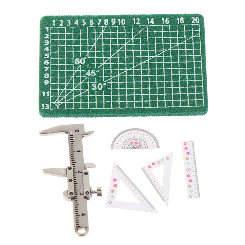 6Pc/Set 1:12 Dollhouse Miniature Vernier Caliper Triangular Ruler Straightedge Cut Board Doll Learning Supplies Model Home Decor
